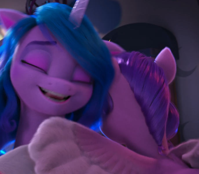 Size: 1129x986 | Tagged: safe, derpibooru import, screencap, izzy moonbow, pipp petals, pegasus, pony, unicorn, g5, my little pony: make your mark, my little pony: make your mark chapter 2, cropped, cute, duo, duo female, eyes closed, female, horn, image, izzybetes, mare, out of context, png, the traditional unicorn sleep-over, wings