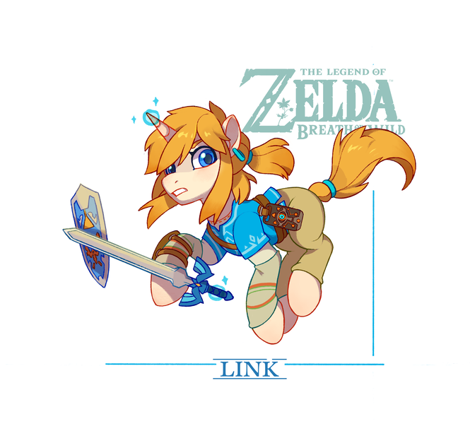 Size: 3706x3308 | Tagged: safe, artist:drtuo4, derpibooru import, ponified, pony, unicorn, horn, image, link, male, master sword, png, shield, solo, stallion, sword, the legend of zelda, the legend of zelda: breath of the wild, weapon