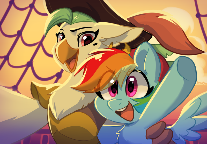 Size: 1731x1200 | Tagged: safe, artist:colorfulcolor233, derpibooru import, captain celaeno, rainbow dash, anthro, bird, parrot pirates, pegasus, pony, g4, my little pony: the movie, beauty mark, celaenobetes, chest fluff, cute, dashabetes, duo, eye clipping through hair, female, hat, image, mare, open mouth, ornithian, pirate, pirate hat, pirate rainbow dash, pirate ship, png, selfie, smiling