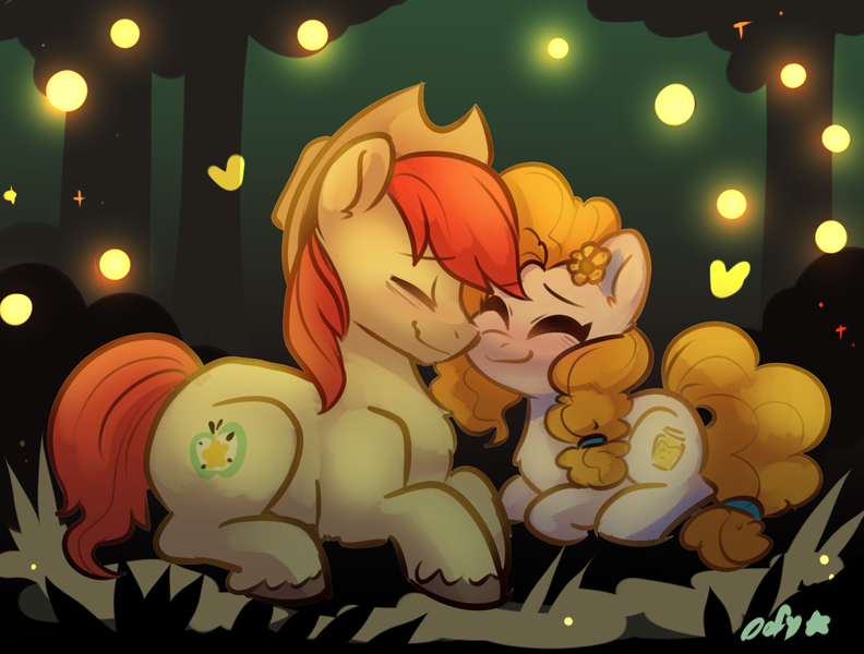 Size: 1583x1200 | Tagged: safe, artist:colorfulcolor233, derpibooru import, bright mac, pear butter, earth pony, firefly (insect), insect, pony, g4, brightabetes, brightbutter, chest fluff, cute, daaaaaaaaaaaw, eyes closed, female, heart, image, lying down, male, mare, pearabetes, png, ponyloaf, prone, shipping, smiling, stallion, straight