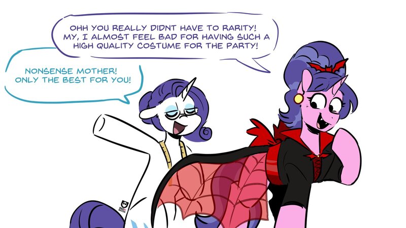 Size: 1600x900 | Tagged: safe, artist:redxbacon, derpibooru import, cookie crumbles, rarity, bat, pony, undead, unicorn, vampire, g4, betty bouffant, clothes, costume, dialogue, fangs, female, floppy ears, glasses, horn, image, jpeg, mare, measuring tape, mother and child, mother and daughter, ponytober, ponytober 2024, rarity's glasses, simple background, speech bubble, white background