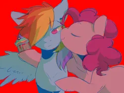 Size: 1999x1499 | Tagged: safe, artist:piesinful, derpibooru import, pinkie pie, rainbow dash, earth pony, pegasus, pony, fanfic:cupcakes, g4, blood, cupcake, duo, female, food, image, jpeg, kiss on the cheek, kissing, mare, needs more saturation, rainbow cupcake, red background, simple background, spread wings, wings