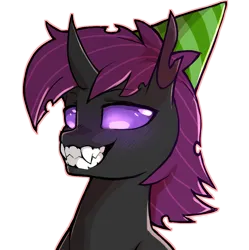 Size: 1165x1168 | Tagged: safe, artist:cold-blooded-twilight, derpibooru import, oc, oc:discreet breeze, unofficial characters only, changeling, blushing, fangs, hat, horn, image, looking down, party hat, png, purple blush, purple changeling, purple eyes, purple mane, solo, teeth