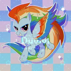 Size: 2000x2000 | Tagged: safe, alternate version, artist:duvivi, derpibooru import, rainbow dash, pegasus, pony, g4, backwards cutie mark, chromatic aberration, cute, dashabetes, female, high res, image, jpeg, mare, obtrusive watermark, rainbow power, smiling, solo, spread wings, stars, watermark, wings