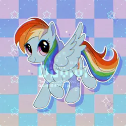 Size: 2000x2000 | Tagged: safe, artist:duvivi, derpibooru import, rainbow dash, pegasus, pony, g4, backwards cutie mark, checkered background, chromatic aberration, cute, dashabetes, female, high res, image, jpeg, mare, obtrusive watermark, solo, spread wings, stars, watermark, wings