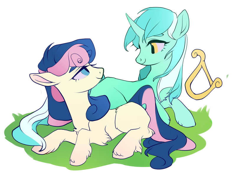 Size: 4000x3000 | Tagged: safe, artist:amo, derpibooru import, bon bon, lyra heartstrings, sweetie drops, earth pony, pony, unicorn, g4, adorabon, cute, female, horn, image, jpeg, lesbian, looking at each other, looking at someone, lyrabetes, lyrabon, lyre, missing cutie mark, musical instrument, shipping, simple background, white background