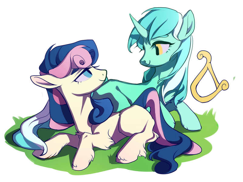 Size: 4000x3000 | Tagged: safe, alternate version, artist:amo, derpibooru import, bon bon, lyra heartstrings, sweetie drops, earth pony, pony, unicorn, g4, adorabon, cute, female, horn, image, jpeg, lesbian, looking at each other, looking at someone, lyrabetes, lyrabon, lyre, missing cutie mark, musical instrument, shading, shipping, simple background, white background