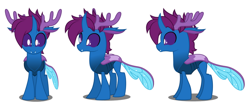 Size: 1892x816 | Tagged: safe, artist:flash equestria photography, derpibooru import, oc, oc:discreet breeze, unofficial characters only, changedling, changeling, antlers, blue changeling, changedling oc, changeling ears, changeling horn, changeling oc, changeling wings, fangs, horn, image, png, purple changeling, purple eyes, purple mane, reference, shell, shiny wings, solo, turnaround, wings