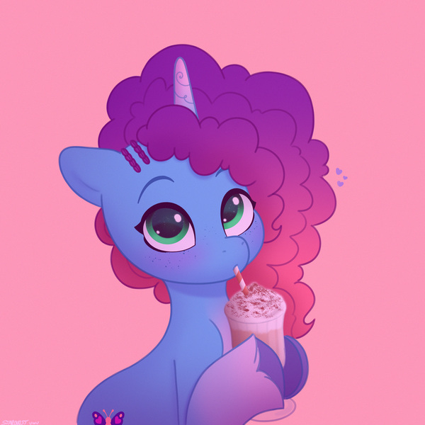 Size: 2480x2480 | Tagged: safe, artist:starburstuwu, derpibooru import, pony, unicorn, g5, blushing, cute, drink, drinking, drinking straw, female, heart, high res, hoof hold, horn, iced coffee, image, jpeg, looking at you, mare, misty brightdawn, mistybetes, pink background, rebirth misty, simple background, solo, starburstuwu is trying to murder us