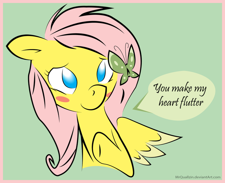 Size: 1575x1280 | Tagged: safe, artist:mrquallzin, artist:swiftcutter, derpibooru import, fluttershy, pegasus, pony, g4, blush sticker, blushing, butterfly hairpin, cute, dialogue, female, green background, hair ornament, image, mare, no pupils, png, shyabetes, simple background, solo, speech bubble, text