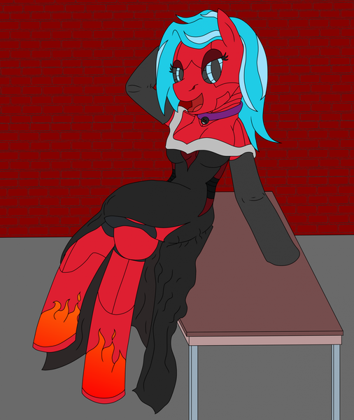 Size: 1763x2090 | Tagged: safe, artist:timejumper, derpibooru import, oc, oc:o-5, oc:serena, unofficial characters only, anthro, earth pony, pony, robot, robot pony, unguligrade anthro, arm hooves, breasts, clothes, collar, commission, dress, evening gloves, female, flirting, gloves, image, long gloves, looking at you, png, simple background, solo, table