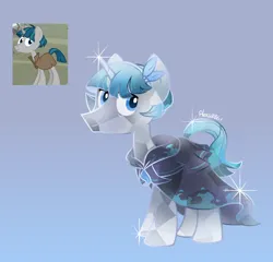 Size: 1126x1080 | Tagged: safe, artist:alex6886, derpibooru import, stygian, crystal pony, pony, unicorn, g4, blue eyes, blue hair, cloak, clothes, crystallized, gradient background, gray coat, horn, image, male, png, screencap reference, solo, stallion