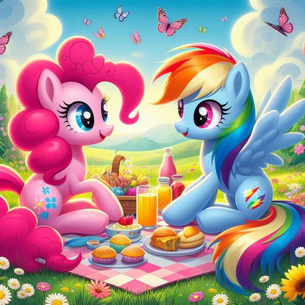 Size: 1024x1024 | Tagged: safe, ai content, derpibooru import, machine learning generated, prompter:bluey2309, pinkie pie, rainbow dash, butterfly, earth pony, insect, pegasus, g4, female, flower, food, image, jpeg, nature, outdoors, picnic, picnic blanket, wrong cutie mark