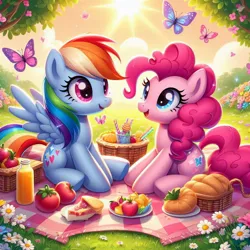 Size: 1024x1024 | Tagged: safe, ai content, derpibooru import, machine learning generated, prompter:bluey2309, pinkie pie, rainbow dash, butterfly, earth pony, insect, pegasus, g4, female, flower, food, image, jpeg, nature, outdoors, picnic, picnic blanket, sun, wrong cutie mark