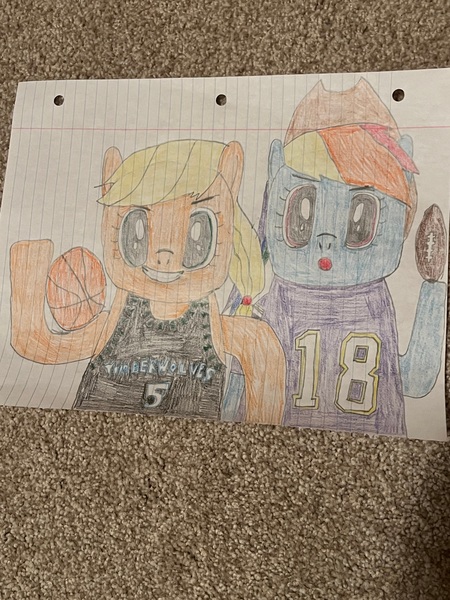 Size: 3024x4032 | Tagged: safe, artist:mvandybrony2k12, derpibooru import, applejack, rainbow dash, timber wolf, american football, anthony edwards, basketball, football, image, jpeg, justin jefferson, nba, nfl, sports, vikings