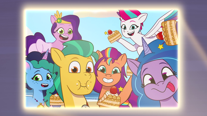 Size: 1920x1080 | Tagged: safe, derpibooru import, screencap, hitch trailblazer, izzy moonbow, pipp petals, sunny starscout, zipp storm, earth pony, pegasus, pony, unicorn, g5, my little pony: tell your tale, spoiler:g5, spoiler:my little pony: tell your tale, spoiler:tyts01e65, :p, applejack (g5), beach, cake, crystal brighthouse, cute, eating, female, fluttershy (g5), flying, food, grin, horn, image, indoors, izzy is best facemaker, izzybetes, male, mane five, mane six (g5), mare, messy eating, misty brightdawn, misty moves in, open mouth, open smile, pinkie pie (g5), png, projector, rainbow dash (g5), rarity (g5), royal sisters (g5), siblings, silly, silly pony, sisters, smiling, spread wings, stallion, sunnybetes, tongue out, twilight sparkle (g5), wings