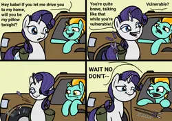 Size: 2048x1448 | Tagged: safe, artist:ewoudcponies, derpibooru import, lightning dust, rarity, pegasus, pony, unicorn, g4, 4 panel comic, bag, car, comic, dialogue, driving, duo, duo female, eyeshadow, female, flirting, floppy ears, funny, glow, glowing horn, horn, image, lesbian, levitation, light yellow background, magic, makeup, mare, open mouth, pickup lines, png, saddle bag, scissors, sewing needle, smiling, telekinesis, vandalism