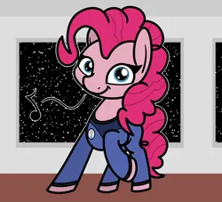 Size: 2048x1856 | Tagged: safe, artist:ewoudcponies, derpibooru import, pinkie pie, earth pony, pony, g4, clothes, female, image, looking at you, mare, music notes, png, raised hoof, smiling, smiling at you, solo, space, spaceship, uniform