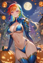 Size: 832x1216 | Tagged: suggestive, ai content, derpibooru import, generator:civitai, machine learning generated, prompter:doublerainbow, stable diffusion, rainbow dash, human, g4, armor, belly, belly button, big breasts, bikini, blue bikini, blue swimsuit, breasts, busty rainbow dash, clothes, female, generator:pony diffusion v6 xl, gloves, halloween, holiday, humanized, image, jack-o-lantern, jpeg, looking at you, moon, outdoors, pumpkin, smiling, smiling at you, solo, solo female, stupid sexy rainbow dash, swimsuit, unconvincing armor