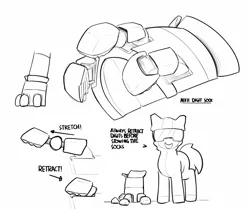 Size: 2769x2320 | Tagged: safe, artist:pabbley, derpibooru import, oc, unofficial characters only, cyborg, earth pony, pony, armor, artificial hands, black and white, clothes, goggles, grayscale, image, lab coat, monochrome, png, safety goggles, simple background, solo, tactical vest, technician, white background