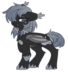 Size: 2208x2328 | Tagged: safe, artist:cheekipone, ponerpics import, oc, unofficial characters only, bat pony, pony, bat pony oc, bat wings, collar, ear tufts, ethereal mane, fangs, female, floppy ears, hair over one eye, image, jpeg, looking down, mare, simple background, solo, standing, starry hooves, starry mane, tail wrap, unshorn fetlocks, wings