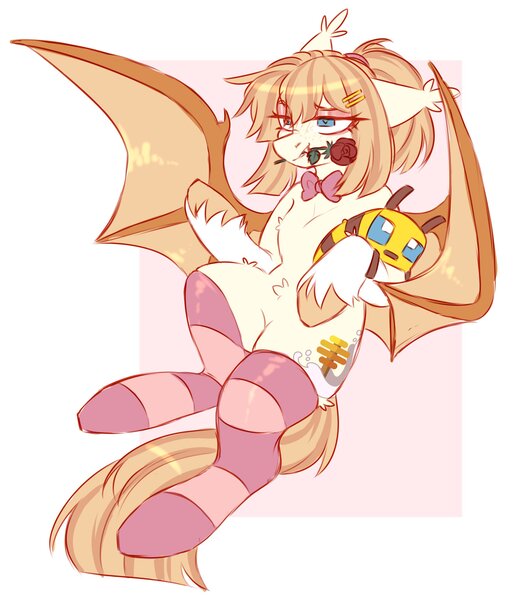 Size: 2193x2538 | Tagged: suggestive, artist:cheekipone, ponerpics import, oc, oc:honey milk, unofficial characters only, bat pony, pony, bat pony oc, bat wings, bowtie, clothes, ear tufts, eyeshadow, fangs, female, floating, floppy ears, flower, flower in mouth, hair tie, hairclip, image, inviting you, jpeg, makeup, mare, minecraft bee, mouth hold, passepartout, plushie, rose, rose in mouth, socks, solo, spread wings, striped socks, tail, thigh highs, unshorn fetlocks, wings