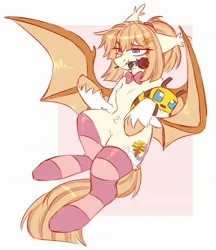 Size: 2193x2538 | Tagged: suggestive, artist:cheekipone, ponerpics import, oc, oc:honey milk, unofficial characters only, bat pony, pony, bat pony oc, bat wings, bowtie, clothes, ear tufts, eyeshadow, fangs, female, floating, floppy ears, flower, flower in mouth, hair tie, hairclip, image, inviting you, jpeg, makeup, mare, minecraft bee, mouth hold, passepartout, plushie, rose, rose in mouth, socks, solo, spread wings, striped socks, tail, thigh highs, unshorn fetlocks, wings