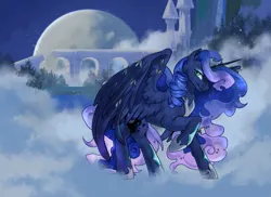 Size: 2067x1502 | Tagged: safe, artist:rowankitten, derpibooru import, princess luna, alicorn, pony, g4, crown, female, fog, full moon, hoof shoes, image, jewelry, mare, moon, night, peytral, png, raised hoof, regalia, smiling, solo