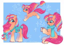 Size: 2048x1470 | Tagged: safe, artist:petaltwinkle, derpibooru import, sunny starscout, earth pony, pony, g5, alternate hairstyle, bow, clothes, coat markings, colored, female, gradient legs, hair bow, heart, heart eyes, hoof hold, image, jpeg, long mane, looking at you, mane stripe sunny, mare, passepartout, scarf, scrunchie, sitting, smiling, smiling at you, socks (coat marking), solo, sunny's bag, tail, tail bow, unshorn fetlocks, wind, windswept mane, wingding eyes