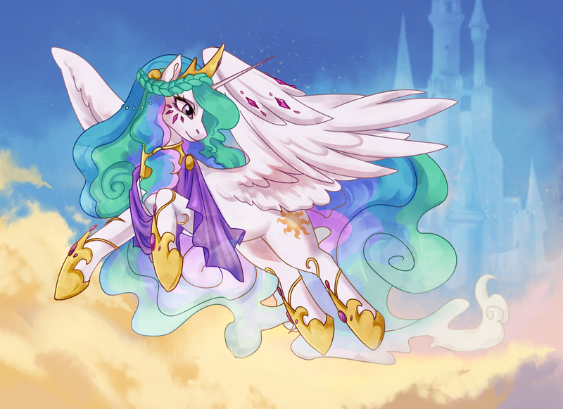 Size: 2067x1502 | Tagged: safe, artist:rowankitten, derpibooru import, princess celestia, alicorn, pony, cloud, crown, crystal, female, flying, hoof shoes, image, jewelry, mare, png, regalia, solo