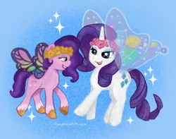 Size: 1170x922 | Tagged: safe, artist:amynewblue, derpibooru import, pipp petals, rarity, pegasus, pony, unicorn, g4, g5, sonic rainboom (episode), blue background, bridlewoodstock, butterfly wings, duo, duo female, female, floral head wreath, flower, glimmer wings, horn, image, looking at each other, looking at someone, mare, open mouth, open smile, pipp and her heroine, png, simple background, smiling, sparkles, wings