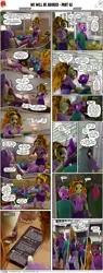 Size: 2000x5269 | Tagged: safe, artist:stellarator, derpibooru import, adagio dazzle, aria blaze, sonata dusk, oc, oc:peach cobbler, oc:ruby cabernet, anthro, unguligrade anthro, comic:we will be adored, g4, 3d, blender, blender cycles, collar, comic, gem, image, implied cozy glow, implied starlight glimmer, not sfm, png, prosthetics, siren gem, vulgar