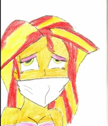 Size: 1280x1495 | Tagged: safe, artist:bluesplendont, derpibooru import, sunset shimmer, equestria girls, g4, bondage, bound and gagged, cloth gag, clothes, costume, gag, halloween, halloween costume, holiday, image, jpeg, kidnapped, scared