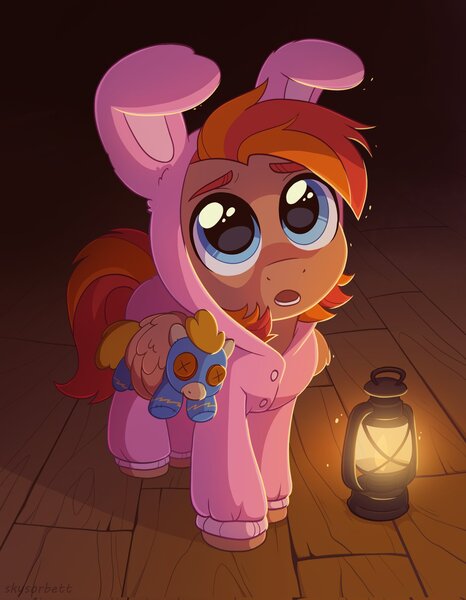 Size: 1592x2048 | Tagged: safe, artist:skysorbett, derpibooru import, oc, oc:coma, unofficial characters only, pegasus, pony, animal costume, big eyes, bunny costume, bunny ears, clothes, colt, costume, cute, doll, foal, image, jpeg, kigurumi, lamp, lantern, male, open mouth, pajamas, pegasus oc, solo, toy, wing hold, wings