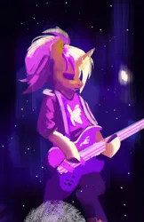 Size: 1500x2312 | Tagged: safe, artist:hierozaki, derpibooru import, oc, unofficial characters only, semi-anthro, unicorn, commission, dexterous hooves, electric guitar, eyes closed, guitar, horn, image, musical instrument, png, ponytail, solo, space