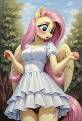 Size: 832x1216 | Tagged: suggestive, ai content, derpibooru import, generator:civitai, machine learning generated, prompter:nickdisneyfan78, stable diffusion, fluttershy, anthro, pegasus, g4, black panties, black underwear, blushing, breasts, clothes, confused, cutie mark, dress, dress lift, female, generator:pony diffusion v6 xl, image, jpeg, lace underwear, legs together, outdoors, panties, skirt, solo, underwear, upskirt, white dress, wings