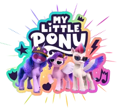 Size: 7019x6326 | Tagged: safe, derpibooru import, official, izzy moonbow, pipp petals, zipp storm, pegasus, pony, unicorn, g5, female, horn, image, mare, my little pony logo, png, royal sisters (g5), siblings, simple background, sisters, transparent background, trio, trio female