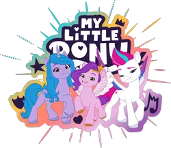 Size: 4458x3871 | Tagged: safe, derpibooru import, official, izzy moonbow, pipp petals, zipp storm, pegasus, pony, unicorn, g5, female, horn, image, mare, my little pony logo, png, royal sisters (g5), siblings, simple background, sisters, transparent background, trio, trio female