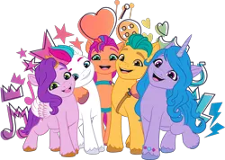 Size: 4494x3205 | Tagged: safe, derpibooru import, official, hitch trailblazer, izzy moonbow, pipp petals, sunny starscout, zipp storm, earth pony, pegasus, pony, unicorn, g5, female, group, horn, image, male, mane five, mane stripe sunny, mare, png, quintet, royal sisters (g5), siblings, simple background, sisters, stallion, transparent background