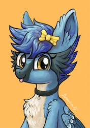 Size: 500x707 | Tagged: safe, artist:drawirm, derpibooru import, oc, unofficial characters only, pegasus, pony, bow, bust, chest fluff, collar, commission, female, hair bow, image, mare, orange background, png, simple background, solo, tongue out