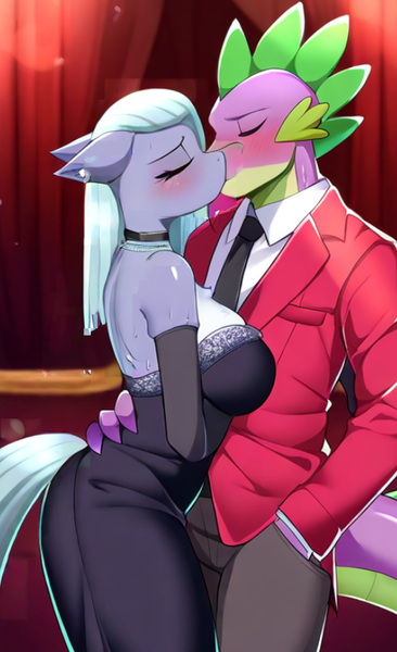 Size: 502x824 | Tagged: safe, ai content, derpibooru import, machine learning generated, novelai, stable diffusion, limestone pie, spike, anthro, dragon, earth pony, g4, age difference, big breasts, blushing, breasts, busty limestone pie, clothes, dress, duo, duo male and female, female, image, indoors, kissing, lowres, male, older, older spike, png, prompter:genderface, ship:spikedlime, shipping, straight