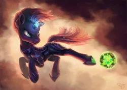 Size: 3721x2631 | Tagged: safe, artist:nemo2d, derpibooru import, tempest shadow, pony, unicorn, g4, my little pony: the movie, armor, broken horn, eye scar, facial scar, female, horn, image, jpeg, kicking, mare, obsidian orb, painting, scar, solo, sparking horn