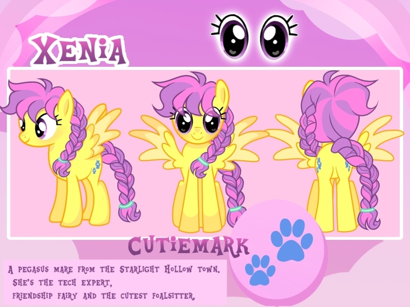 Size: 1024x768 | Tagged: safe, artist:raven amethyst, derpibooru import, oc, oc:xenia, unofficial characters only, pegasus, pony, braid, braided tail, cutie mark, description, eye, eyes, eyes open, female, front view, hair tie, image, jpeg, looking at you, mare, paw prints, perspective, purple eyes, purple mane, purple tail, rear view, reference, reference sheet, side view, smiling, solo, spread wings, tail, text, two toned mane, wings, yellow, yellow coat