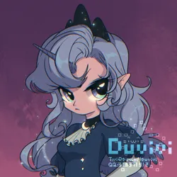 Size: 2048x2048 | Tagged: safe, artist:duvivi, derpibooru import, princess luna, human, g4, breasts, clothes, crown, cute, dress, elf ears, frown, gradient background, horn, horned humanization, humanized, image, jewelry, lunabetes, png, puffy sleeves, regalia, short sleeves, solo, text, tsundere, upper body