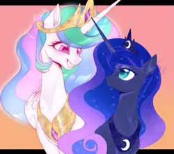 Size: 1791x1592 | Tagged: safe, artist:meteor s, derpibooru import, princess celestia, princess luna, alicorn, pony, crown, duo, duo female, female, gradient background, grin, image, jewelry, letterboxing, looking at each other, looking at someone, mare, out of frame, png, regalia, royal sisters, siblings, signature, sisters, smiling, upper body