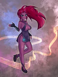 Size: 3000x4000 | Tagged: safe, artist:roachgochi, derpibooru import, tempest shadow, human, equestria girls, g4, breasts, busty tempest shadow, clothes, dress, equestria girls-ified, eye scar, facial scar, high heels, image, jpeg, scar, shoes, smiling