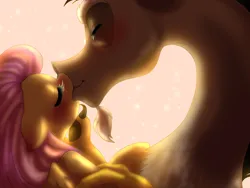 Size: 2000x1500 | Tagged: safe, artist:yami-sempai, derpibooru import, discord, fluttershy, draconequus, pegasus, pony, g4, backlighting, discoshy, eyes closed, female, floppy ears, image, jpeg, kiss on the lips, kissing, male, mare, shipping, straight