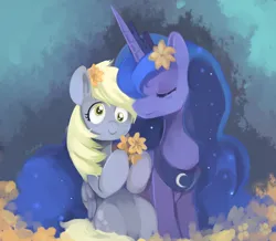 Size: 890x777 | Tagged: safe, artist:ende26, derpibooru import, derpy hooves, princess luna, alicorn, pegasus, pony, g4, duo, female, flower, image, jpeg, lesbian, lineless, mare, ship:lunaderp, shipping