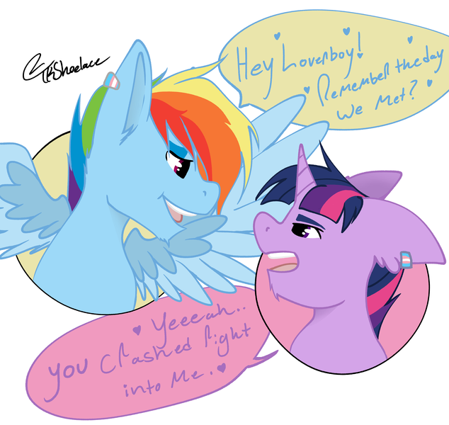 Size: 4111x3892 | Tagged: safe, artist:tkshoelace, derpibooru import, rainbow dash, twilight sparkle, pegasus, pony, unicorn, duo, duo male, dusk shine, ear fluff, female, female to male, gay, horn, image, lesbian, looking at each other, looking at someone, male, png, rainbow blitz, rule 63, ship:duskblitz, shipping, simple background, speech bubble, spread wings, stallion, talking, text, transgender, twidash, white background, wings