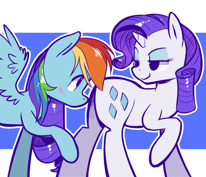 Size: 1280x1097 | Tagged: safe, artist:rwl, derpibooru import, rainbow dash, rarity, pegasus, pony, unicorn, g4, blushing, eye contact, female, horn, image, lesbian, looking at each other, looking at someone, mare, png, ship:raridash, shipping, smug